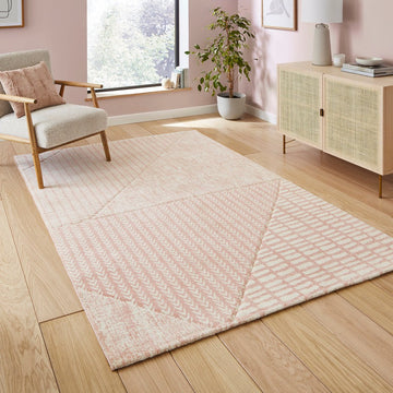 Catherine Lansfield Larsson Modern Abstract Durable Easy-Care Carved High Density Polyproplyene Rose/Cream Rug-Think Rugs-Rug Love - The Most Loved Rug Store